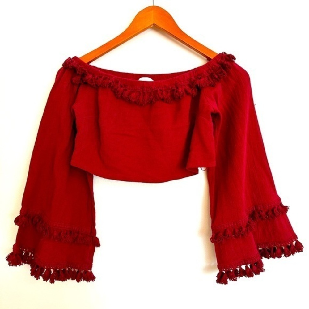 Skylar+Madison Burgundy Crop Top Long Sleeve Tassels Size Large